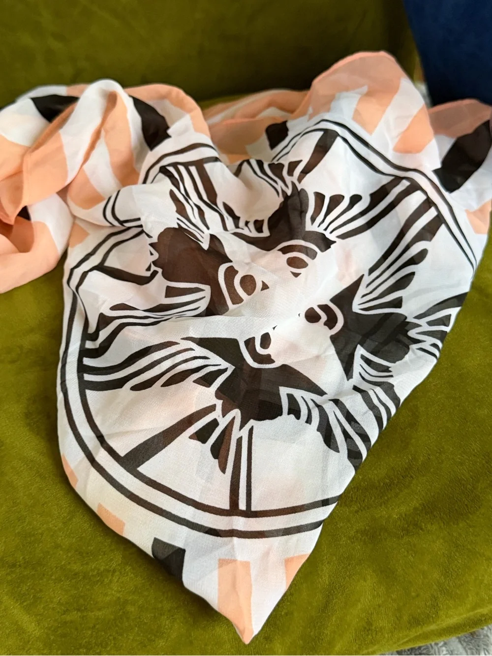New Lalique Peach, White & Black Bird Art Deco Graphic Luxury Scarf
